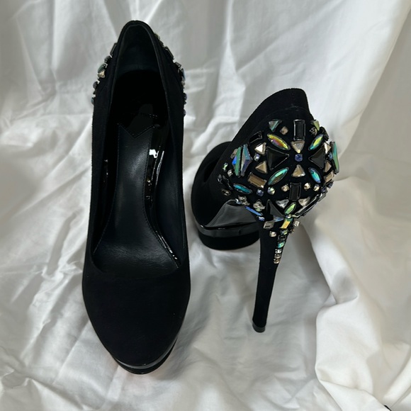 BRIAN ATWOOD Black Suede & Crystal Embellished Platform Heels Ferranta size 7 US - Picture 1 of 11